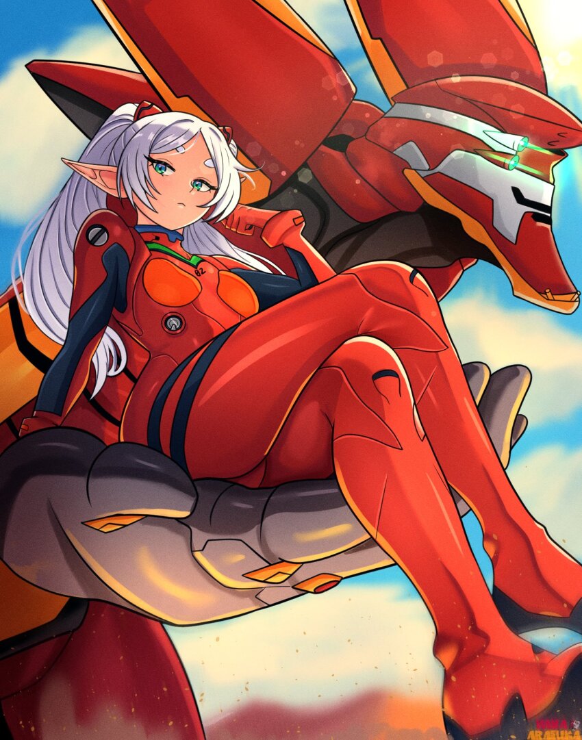 1girl arm_support artist_name bodysuit breasts closed_mouth commentary cosplay crossed_legs day elf eva_02 evangelion_(mecha) extra_eyes frieren green_eyes grey_hair hairpods hanagoori_arasuka highres interface_headset_(evangelion) lens_flare long_hair long_pointy_ears looking_at_viewer mecha mecha_pilot_suit medium_breasts neon_genesis_evangelion outdoors parted_bangs plugsuit_(evangelion) pointy_ears red_bodysuit robot science_fiction short_eyebrows sitting skin_tight souryuu_asuka_langley souryuu_asuka_langley_(cosplay) sousou_no_frieren super_robot thick_eyebrows twintails very_long_hair