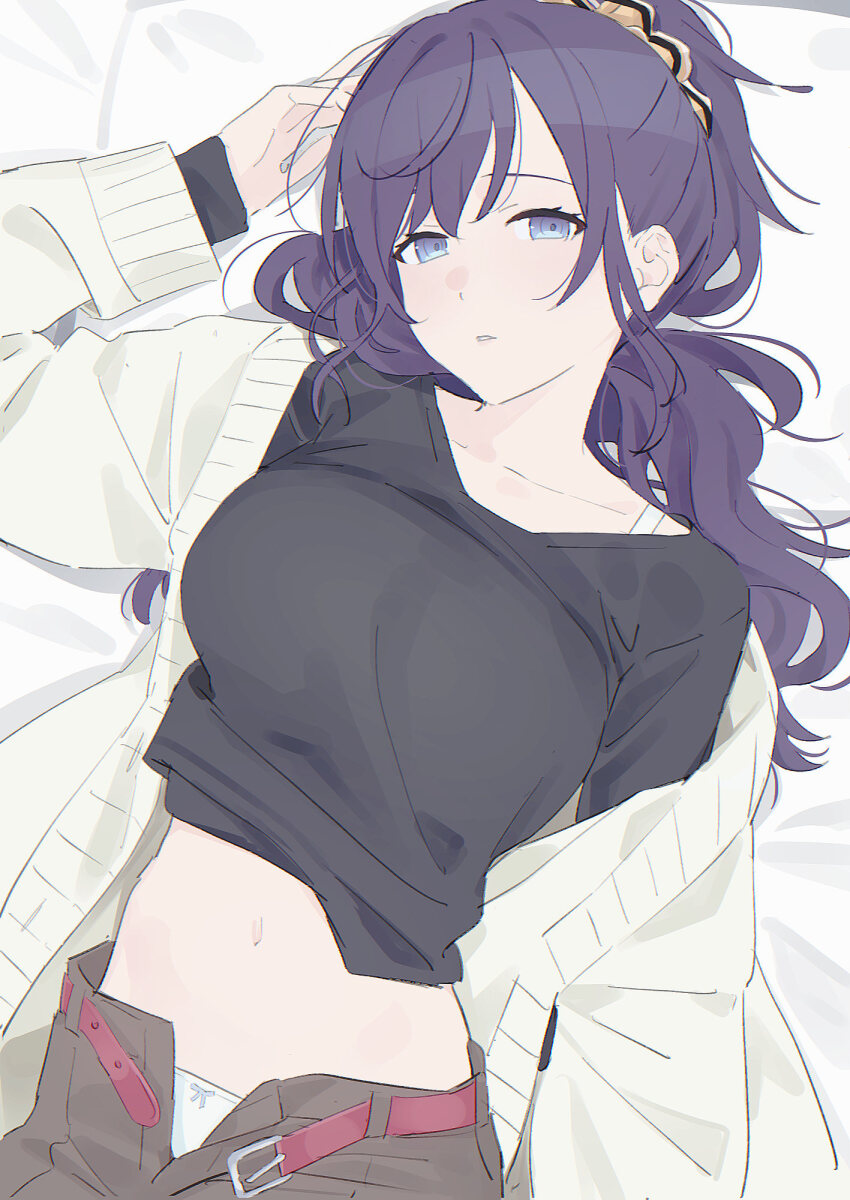 1girl asahina_mafuyu belt black_shirt bow bow_panties cardigan clothes_lift collarbone grey_pants hair_ornament hair_scrunchie highres long_hair long_sleeves looking_at_viewer midriff mikazuchi_zeus open_belt open_cardigan open_clothes open_fly open_pants panties pants pantyshot parted_lips ponytail project_sekai purple_eyes purple_hair red_belt scrunchie shirt shirt_lift solo underwear upper_body white_cardigan white_panties
