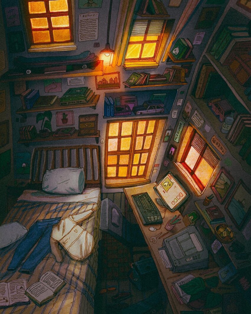 bed book book_stack bookshelf bottle ceiling_light chair computer computer_keyboard computer_mouse denim desk francisco_fonseca from_above highres indoors jeans no_humans original pants pencil picture_frame pillow plant potted_plant printer scenery scissors shelf shirt shoes skateboard swivel_chair toy_car water_bottle white_shirt window window_blinds