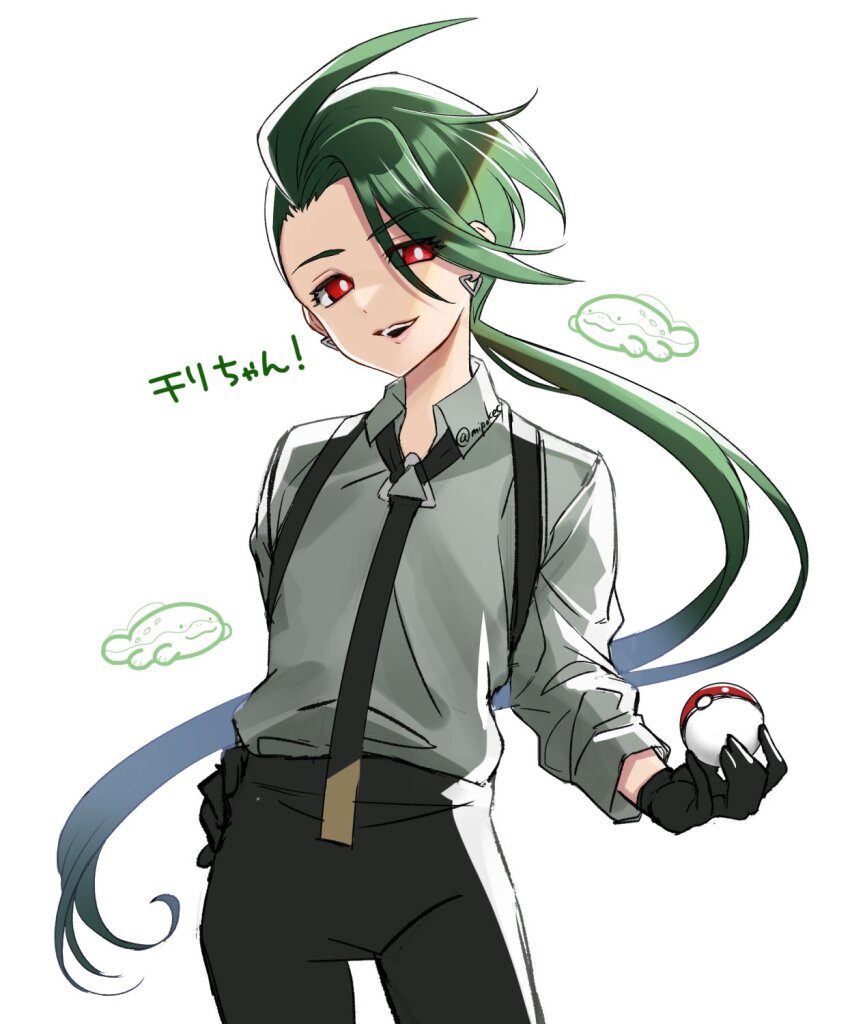 1girl :d black_gloves black_necktie black_pants clodsire collared_shirt gloves green_hair hair_between_eyes highres holding holding_poke_ball long_hair long_sleeves looking_at_viewer mipokec necktie nintendo open_mouth pants poke_ball poke_ball_(basic) pokemon pokemon_sv red_eyes rika_(pokemon) shirt smile solo suspenders teeth twitter_username upper_teeth_only very_long_hair white_background