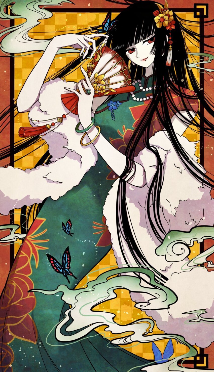 1girl animal_print aniru black_hair blunt_bangs border bracelet breasts bug butterfly butterfly_on_hand butterfly_print china_dress chinese_clothes clamp_(circle)_(style) dress feet_out_of_frame floral_print green_dress grid_background hair_ornament half-closed_eyes hand_fan highres hime_cut holding holding_fan ichihara_yuuko insect jewelry long_hair necklace orange_background ornate_border pale_skin pearl_necklace red_eyes ring shawl smile smoke solo very_long_hair white_shawl xxxholic