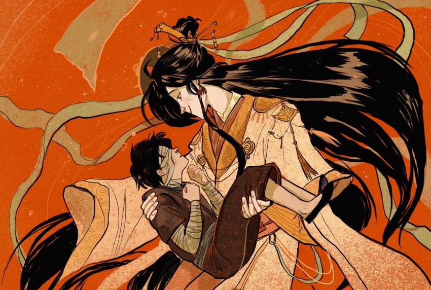 2boys arm_wrap bandaged_head bandages black_hair brown_eyes brown_pants brown_shirt chinese_clothes closed_mouth earrings eye_contact gold gold_trim hair_bun hanfu highres holding hua_cheng jewelry long_hair long_sleeves looking_at_another male_focus multiple_boys open_mouth ornate_clothes pants prince red_background ribbon shirt simple_background smile tianguan_cifu very_long_hair white_hanfu wide_sleeves xiao_guan_(headdress) xie_lian xie_lian_(flower_crowned_martial_god) yaroslava_murashko