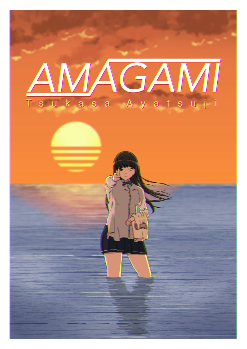 1girl absurdres amagami ayatsuji_tsukasa black_bow black_bowtie black_eyes black_hair black_skirt blunt_bangs bow bowtie character_name closed_mouth collared_shirt commentary_request copyright_name evening finger_gun highres holding holding_sweater holding_unworn_clothes horizon kibito_high_school_uniform kimchi_gyuudon long_hair long_sleeves looking_at_viewer miniskirt ocean one_eye_closed orange_sky outdoors outstretched_arm pleated_skirt pointing pointing_at_viewer school_uniform shirt skirt sky solo straight_hair summer_uniform sun wading water white_shirt