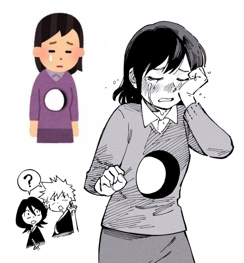 1boy 2girls ? andony_strawhat black_kimono bleach collared_shirt crying greyscale highres hole_in_chest hole_on_body irasutoya_challenge japanese_clothes katana kimono kuchiki_rukia kurosaki_ichigo long_sleeves looking_at_another medium_hair monochrome multiple_girls reference_inset shirt skirt spiked_hair spoken_question_mark sweater sword sword_on_back v-neck weapon weapon_on_back