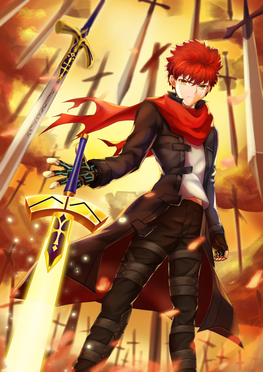 1boy absurdres emiya_shirou excalibur_(fate/stay_night) fate/stay_night fate_(series) field_of_blades fingerless_gloves gloves gt_shoukyou highres jacket magic_circuit male_focus multiple_swords multiple_weapons open_clothes open_jacket planted planted_sword planted_weapon red_hair red_scarf scarf short_hair solo sword too_many_weapons unlimited_blade_works_(reality_marble) weapon yellow_eyes