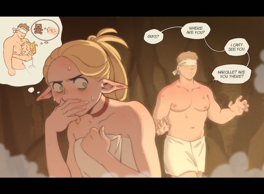1boy 1girl absurdres between_pecs between_pectorals blonde_hair blush choker covered_eyes dark_nipples dungeon_meshi elf english_text folded_ponytail green_eyes head_between_pecs height_difference hetero highres hug imagining laios_touden large_pectorals marcille_donato naked_towel nervous_sweating nipples pectorals peppr_n&#039;_salt pointy_ears red_choker sauna short_hair speech_bubble stuffed_animal stuffed_toy sweat teddy_bear thought_bubble towel updo white_blindfold