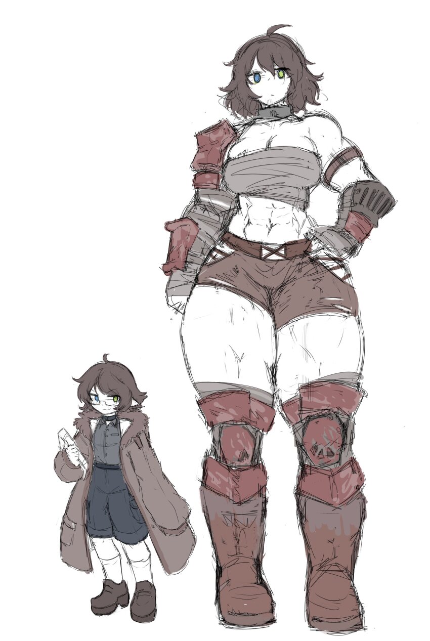 1boy 1girl abs absurdres ahoge bandaged_chest blue_eyes breasts cleavage coat full_body green_eyes hetero highres large_breasts looking_at_viewer medium_breasts muscular muscular_female navel pointy_ears sheepapp siblings size_difference sketch standing tall_female thick_thighs thighhighs thighs white_background zettai_ryouiki