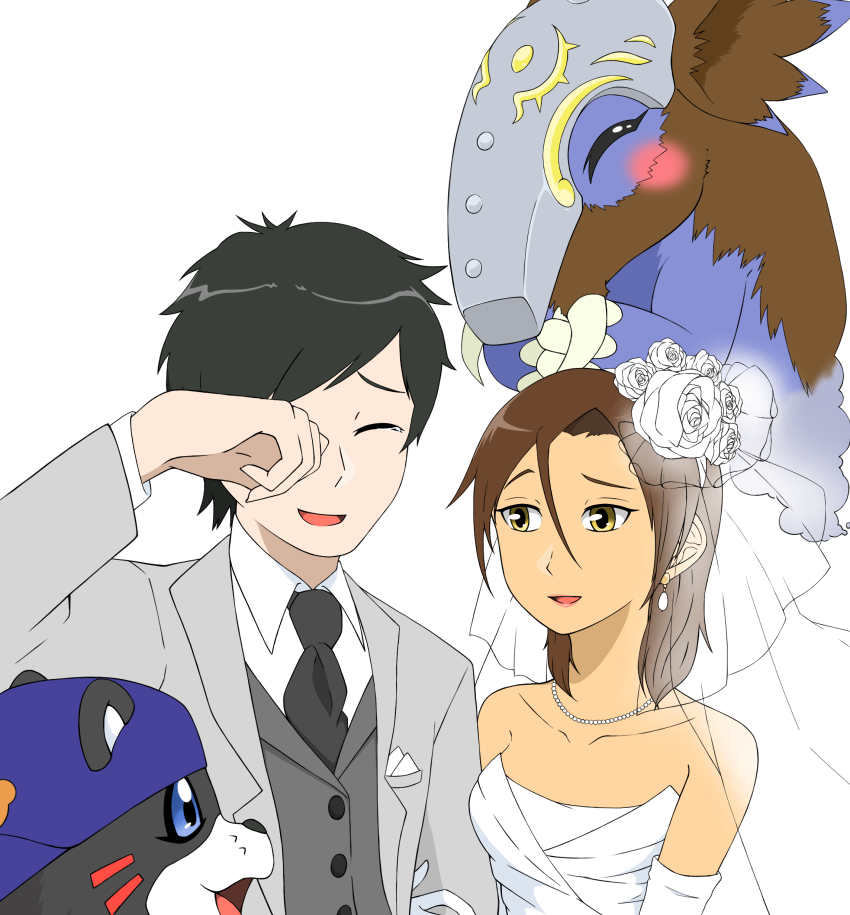 1boy 1girl absurdres bakumon bearmon blush crying digimon dress good_end highres himekawa_maki nishijima_daigo tears wedding wedding_dress