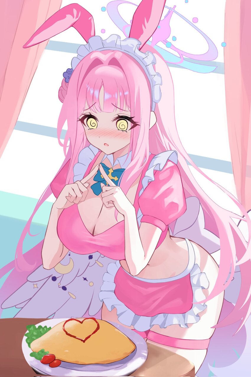 1girl @_@ angel_wings animal_ears blue_archive blue_bow blue_bowtie blush bow bowtie breasts cleavage curtains dalmyang detached_collar feathered_wings flower food hair_bun hair_flower hair_intakes hair_ornament halo highres index_finger_raised index_fingers_together large_breasts long_hair low_wings maid maid_headdress midriff mika_(blue_archive) navel omelet open_mouth pink_hair pink_halo pink_shirt pink_skirt plate purple_flower rabbit_ears shirt single_side_bun skirt solo stomach tamagoyaki thigh_strap thighs white_wings wings yellow_eyes