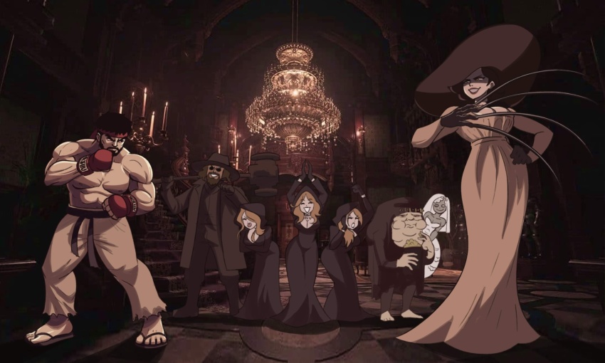 3boys 5girls alcina_dimitrescu angie_(resident_evil) beard bela_dimitrescu breasts capcom cassandra_dimitrescu claws cleavage cloak crossover daniela_dimitrescu dress facial_hair fighting_stance hammer hat headband highres karl_heisenberg multiple_boys multiple_girls muscular muscular_male photo_background red_headband resident_evil resident_evil_village ryu_(street_fighter) salvatore_moreau sandals serious smile street_fighter street_fighter_6 sunglasses tall_female tina_fate toes topless_male