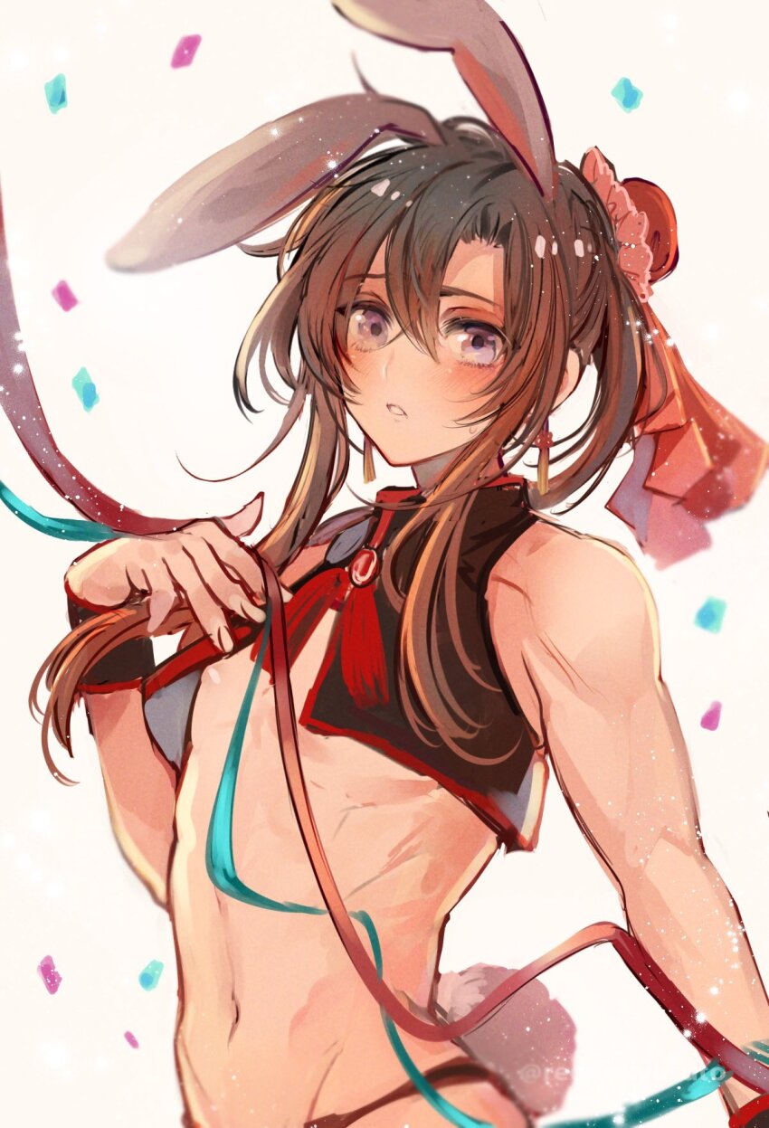 1boy alternate_costume alternate_hairstyle animal_ears aqua_ribbon bare_shoulders black_vest blush brown_hair confetti crop_top crossdressing earrings groin hair_between_eyes hair_bun highres holding holding_ribbon jewelry kemonomimi_mode long_hair looking_at_viewer male_focus male_playboy_bunny midriff mo_xuanyu modao_zushi navel panties parted_lips pectorals ponytail purple_eyes rabbit_boy rabbit_ears rabbit_tail rakkyhappy red_ribbon ribbon sidelocks simple_background single_hair_bun solo stomach tail tassel tassel_earrings trap underwear vest wei_wuxian white_background