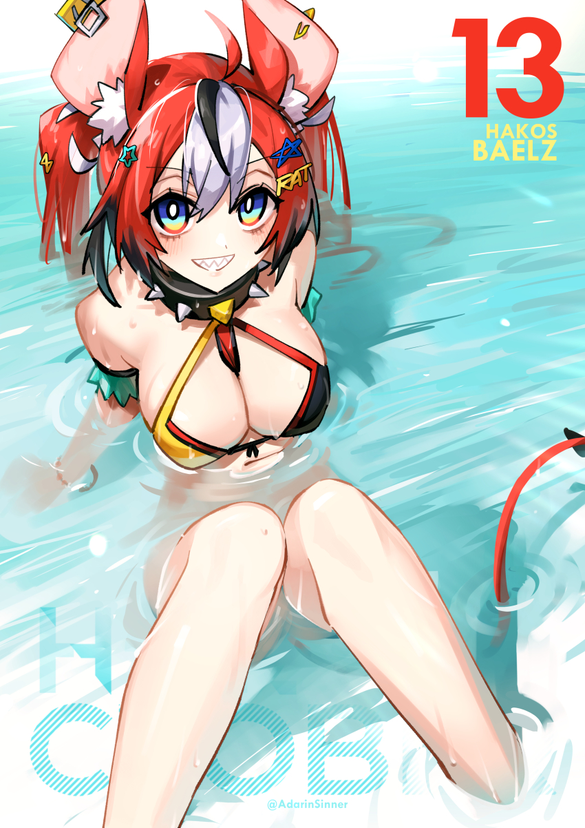 1girl absurdres adarin alternate_costume animal_ear_fluff animal_ear_piercing animal_ears arm_garter bikini black_hair blue_eyes blush bow breasts cleavage collar colored_tips commentary_request from_above front-tie_bikini_top front-tie_top grin hair_ornament hairclip hakos_baelz halterneck highres hololive hololive_english knees_together_feet_apart knees_up large_breasts long_hair looking_at_viewer mouse_ears mouse_girl mouse_tail mousetrap multicolored_hair partially_submerged red_hair sharp_teeth sitting smile solo spiked_collar spikes star_(symbol) star_hair_ornament streaked_hair swimsuit tail tail_bow tail_ornament teeth text_hair_ornament thai_commentary twintails virtual_youtuber water wet white_hair