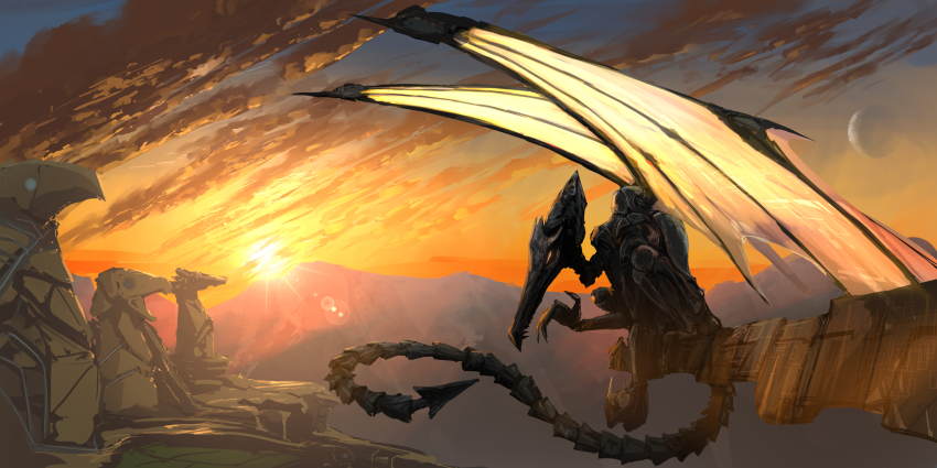 chozo_statue claws cloud cyborg glowing glowing_eyes hanagemissile highres light_rays meta_ridley metroid metroid_prime mountain nintendo rain ridley sitting sunrise teeth wings