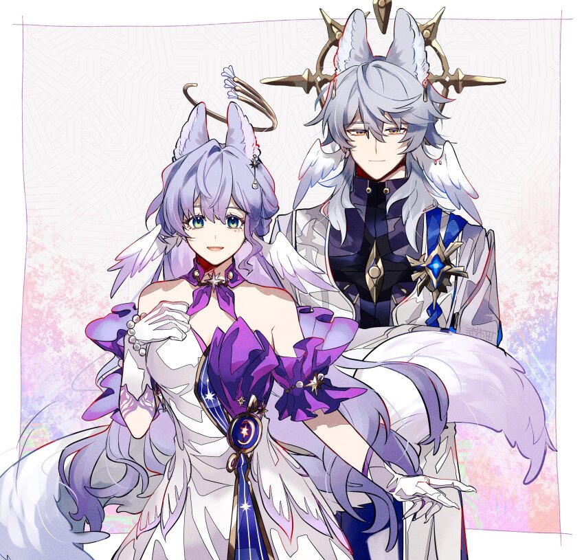 1boy 1girl absurdres animal_ears aqua_eyes bare_shoulders blue_hair border bracelet breasts brother_and_sister choker colored_inner_hair cowboy_shot crescent crescent_ornament detached_sleeves dress earrings feathered_wings fox_ears fox_tail gloves gold_earrings grey_hair hair_between_eyes halo halo_behind_head hand_up head_wings highres honkai:_star_rail honkai_(series) jacket jewel_under_eye jewelry kemonomimi_mode long_hair long_sleeves looking_at_viewer medium_breasts multicolored_hair musical_note_ornament open_clothes open_jacket open_mouth outside_border pearl_bracelet pearl_earrings purple_choker purple_dress purple_hair purple_shirt robin_(honkai:_star_rail) shirt short_hair short_sleeves siblings sidelocks single_earring single_sidelock sleeveless sleeveless_dress smile standing star_(symbol) star_earrings star_ornament sunday_(honkai:_star_rail) tail two-tone_dress u_5ham0 wavy_hair white_border white_dress white_gloves white_jacket wings yellow_eyes