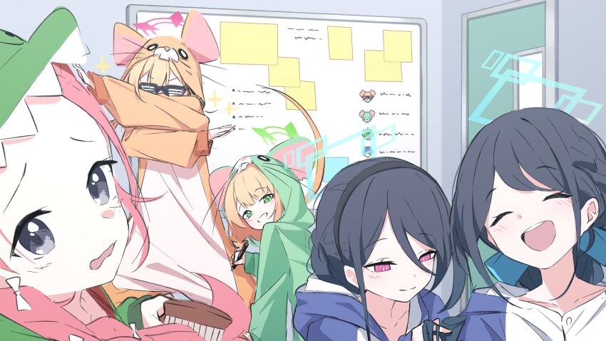 kei_(blue_archive) 5girls absurdly_long_hair absurdres animal_costume aris_(blue_archive) black_hair blonde_hair blue_archive blue_halo blush closed_eyes collarbone game_development_department_(blue_archive) green_eyes green_halo grey_eyes grin halo highres indoors long_hair long_sleeves midori_(blue_archive) mmhomm momoi_(blue_archive) mouse_costume multiple_girls open_mouth pink_halo red_eyes red_hair short_hair siblings sisters smile twins very_long_hair yuzu_(blue_archive)