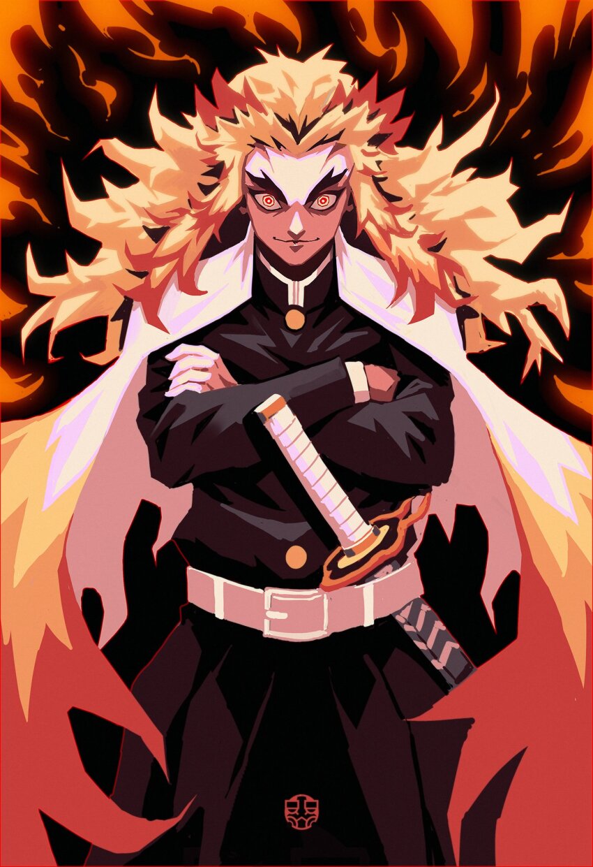 1boy artist_logo belt blonde_hair cape closed_mouth crossed_arms demon_slayer_uniform fire forked_eyebrows highres jacket japanese_clothes kaerruu katana kimetsu_no_yaiba logo long_hair long_sleeves looking_at_viewer male_focus multicolored_hair pants red_eyes red_hair rengoku_kyoujurou ringed_eyes solo sword two-tone_hair weapon yellow_eyes