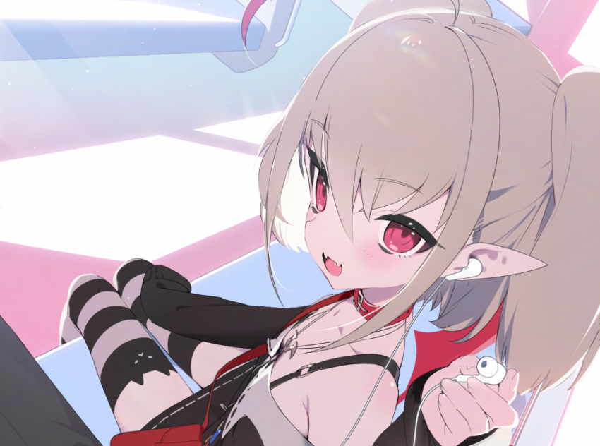 1girl 1other :d ahoge animal_collar black_jacket brown_hair collar earphones fangs flat_chest fuubuu hair_between_eyes holding incoming_earphone jacket jewelry looking_at_viewer makaino_ririmu makaino_ririmu_(2nd_costume) medium_hair necklace nijisanji off-shoulder_jacket off_shoulder open_mouth pink_eyes pointy_ears pov shoulder_pouch sitting smile striped_clothes striped_thighhighs thighhighs train_interior twintails virtual_youtuber