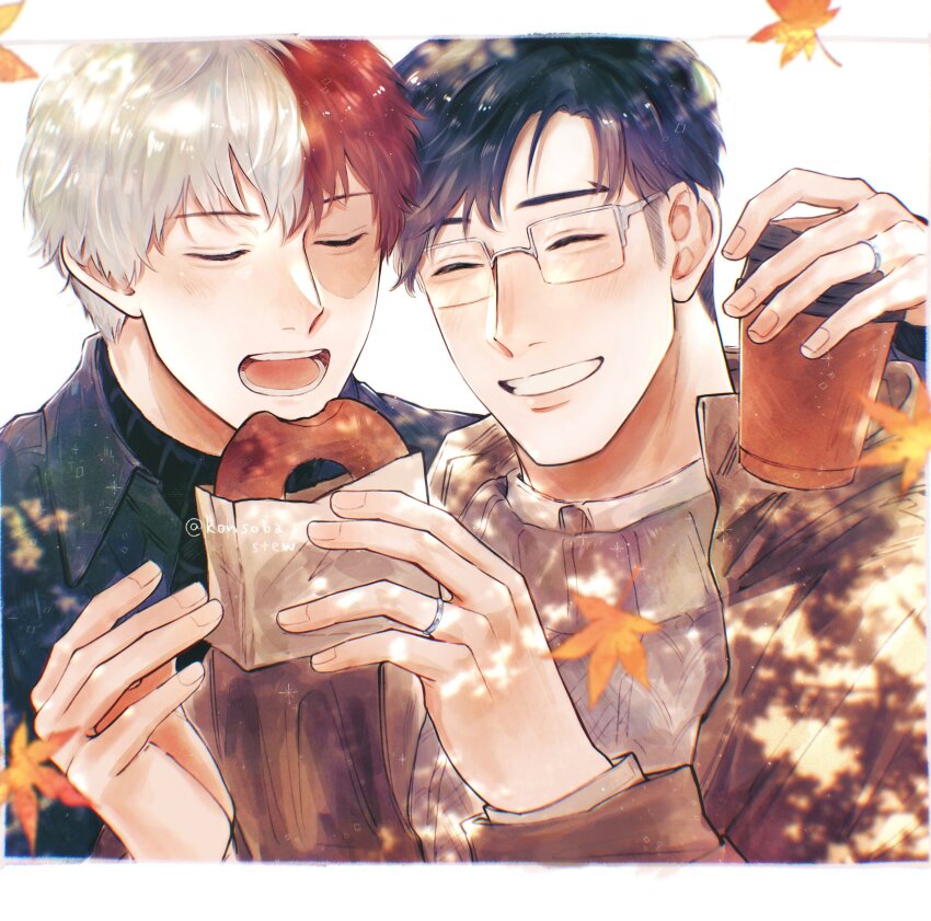 2boys absurdres bagel black_hair black_jacket black_sweater boku_no_hero_academia brown_coat coat cup disposable_coffee_cup disposable_cup glasses grey_sweater grin highres holding holding_cup iida_tenya jacket konsobastew leaf male_focus maple_leaf multicolored_hair multiple_boys rectangular_eyewear red_hair scar scar_on_face sideburns smile split-color_hair sweater todoroki_shoto white_hair yaoi