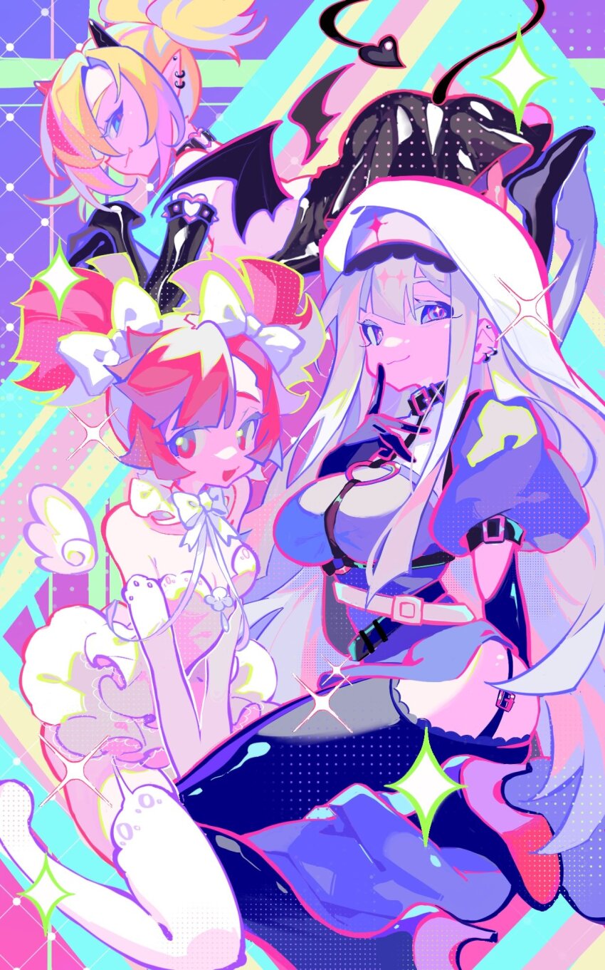 3girls argyle_background argyle_clothes arm_behind_back arm_belt asymmetrical_dress asymmetrical_horns back_cutout bare_shoulders belt belt_buckle belt_collar black_belt black_dress black_gloves black_horns black_thighhighs black_wings blonde_hair blue_eyes bow bow_choker bowtie breasts buckle buro_(muse_dash) chinese_commentary choker cleavage closed_mouth clothing_cutout collar collarbone collared_dress colored_eyelashes commentary_request cross demon_horns demon_tail demon_wings dress elbow_gloves finger_to_mouth frilled_skirt frills gloves hair_bow hat heart heart-shaped_buckle high_collar high_heels high_ponytail highres horns lace lace-trimmed_thighhighs lace_trim large_breasts long_hair looking_at_viewer marija_(muse_dash) marija_(sister)_(muse_dash) miniskirt mismatched_horns multicolored_hair multiple_belts multiple_girls muse_dash nurse_cap open_mouth pink_hair pink_horns pink_shoes pointy_ears ponytail puffy_short_sleeves puffy_sleeves purple_dress purple_eyes purple_sleeves rainbow_background red_cross red_eyes red_hair rin_(muse_dash) shirt shoes short_hair short_sleeves short_twintails skirt skirt_set sleeveless sleeveless_shirt small_breasts smile smirk sparkle spiked_belt streaked_hair tail thighhighs twintails two-sided_dress two-sided_fabric two-tone_sleeves veil white_bow white_bowtie white_choker white_dress white_gloves white_hair white_headwear white_shirt white_skirt white_sleeves white_thighhighs white_veil wings xiaoyunatie