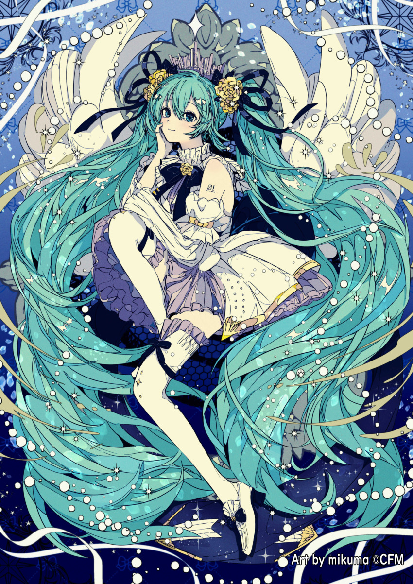 1girl 3kuma absurdly_long_hair aqua_eyes aqua_hair arm_tattoo black_bow bow closed_mouth detached_sleeves dress feathered_wings flower hair_between_eyes hair_flower hair_ornament hand_on_own_cheek hand_on_own_face hatsune_miku highres light_blush long_hair long_sleeves miku_symphony_(vocaloid) number_tattoo official_alternate_costume official_alternate_hairstyle shoes smile solo tattoo thighhighs very_long_hair vocaloid white_dress white_shoes white_thighhighs white_wings wings