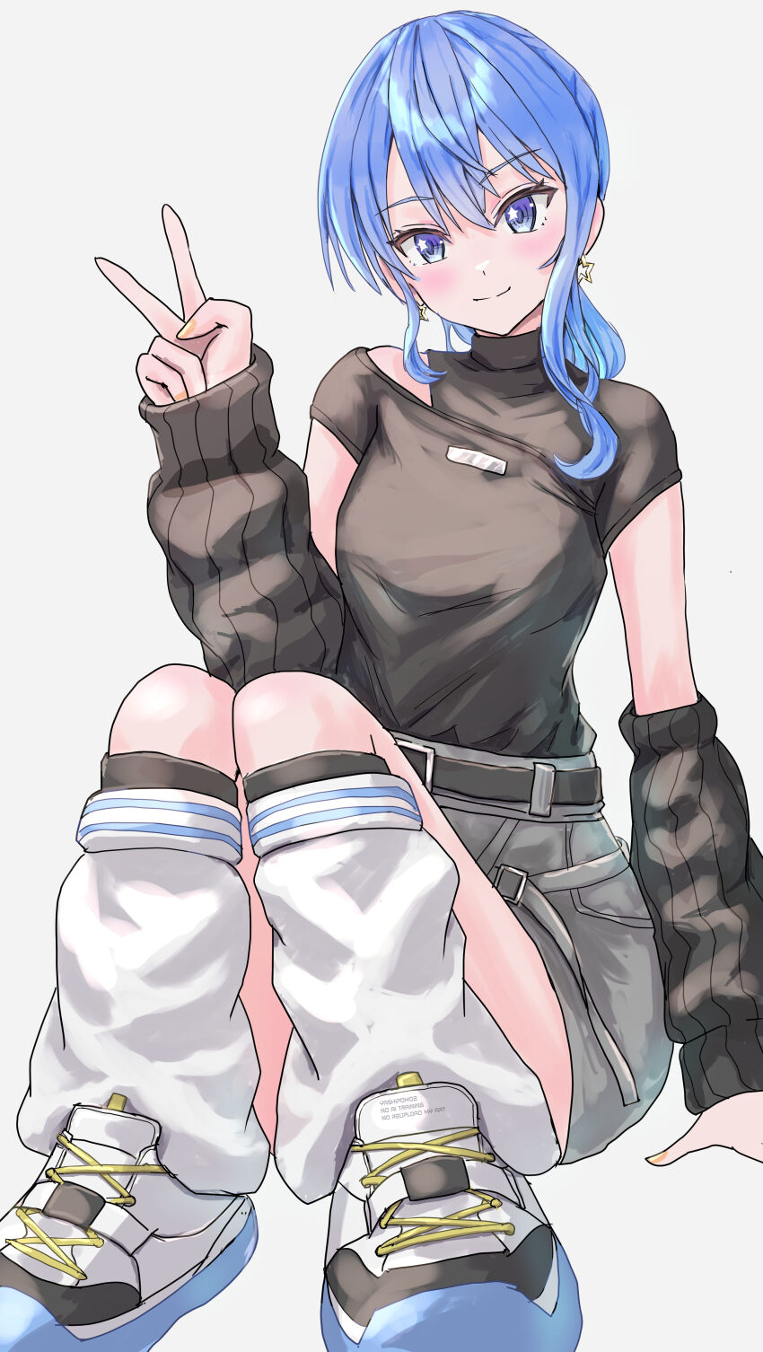 1girl absurdres alternate_color arm_support arm_warmers asymmetrical_sidelocks belt black_arm_warmers black_belt black_shirt blue_eyes blue_hair blush breasts closed_mouth clothing_cutout earrings full_body grey_shorts hair_between_eyes hand_up highres hololive hoshimachi_suisei hoshimachi_suisei_(11th_costume) jewelry knees_up leg_warmers long_hair looking_at_viewer nail_polish ponytail shirt shirt_tucked_in shoes short_sleeves shorts shoulder_cutout simple_background sitting small_breasts smile solo star_(symbol) star_earrings star_in_eye symbol_in_eye turtleneck turtleneck_shirt v virtual_youtuber watermark white_background white_leg_warmers white_shoes yashipom yellow_nails