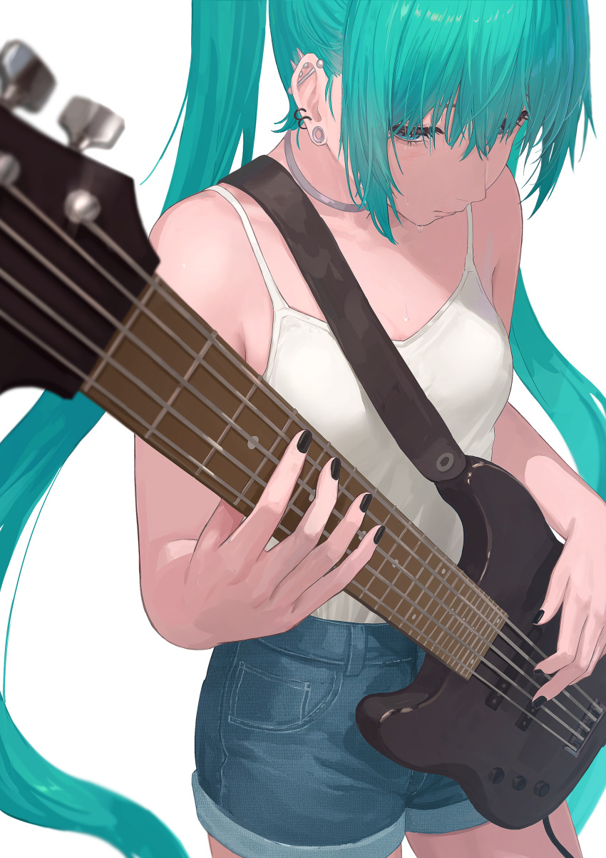 1girl absurdres aqua_eyes aqua_hair barbell_piercing bass_guitar black_nails blue_shorts breasts camisole commentary ear_piercing earrings bass_guitar hair_between_eyes hatsune_miku highres holding holding_bass_guitar holding_instrument industrial_piercing instrument jewelry long_hair medium_breasts music nail_polish piercing playing_bass_guitar playing_instrument shorts simple_background solo sweat tadanotarosuke vocaloid white_background white_camisole