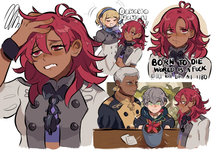 +_+ 2boys 2girls absurdres ashe_ubert blonde_hair blue_hairband born_to_die_world_is_a_fuck_(meme) closed_eyes closed_mouth constance_von_nuvelle dark-skinned_female dark-skinned_male dark_skin dedue_molinaro english_text fire_emblem fire_emblem:_three_houses from_side funyanrinpa garreg_mach_monastery_uniform green_eyes grey_hair hairband hand_fan hapi_(fire_emblem) highres holding hood hood_down long_sleeves matching_hair/eyes medium_hair meme midriff multiple_boys multiple_girls nintendo open_mouth plant potted_plant profanity red_eyes red_hair short_hair short_sleeves white_background white_hair