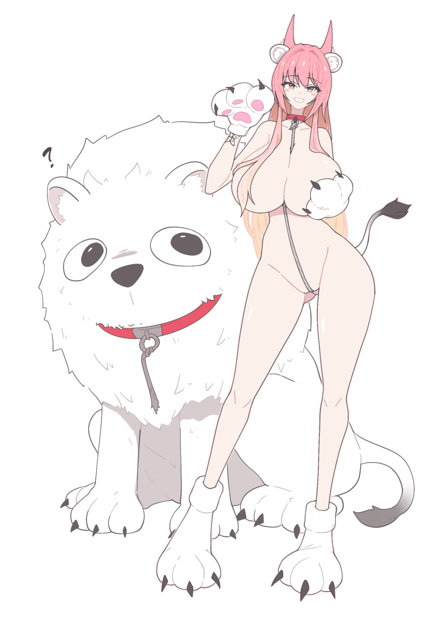 1girl ? animal animal_ear_fluff animal_ears bare_shoulders breasts collar full_body gloves gluteal_fold goddess_of_victory:_nikke grin hair_intakes hand_on_own_chest highres huge_breasts leash leona_(nikke) lion long_hair looking_at_viewer nude paw_gloves paw_shoes pink_hair sidelocks simple_background smile timi_(nikke) white_background wrist_tattoo yellow_eyes yoonsun