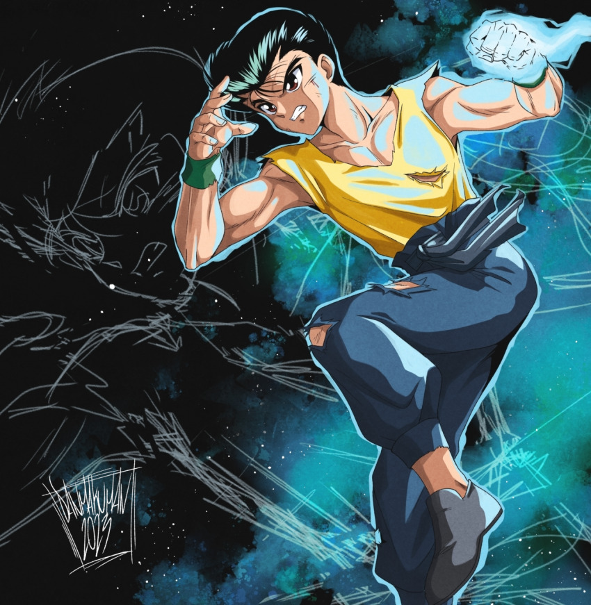 1990s_(style) 1boy aura black_hair brown_eyes clenched_hand collarbone danmakuman highres male_focus night pants retro_artstyle shirt short_hair sky solo star_(sky) starry_sky togashi_yoshihiro_(style) urameshi_yusuke white_shirt yellow_shirt yuu_yuu_hakusho