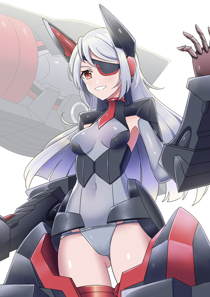 1girl absurdres blush breasts covered_navel cowboy_shot eyepatch grey_hair grey_leotard headgear highres infinite_stratos laura_bodewig leotard long_hair looking_at_viewer mecha_musume mechanical_arms medium_breasts pilot_suit red_eyes shiny_skin simple_background smile solo standing sudhiro_sappurisa white_background