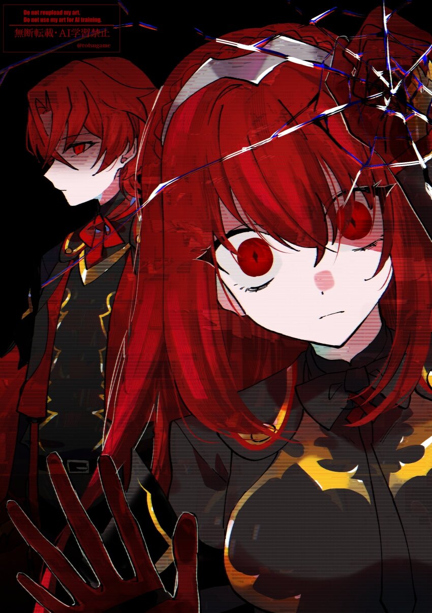 1boy 1girl absurdres breasts broken_glass dark_persona female_alear_(fell_dragon)_(fire_emblem) female_alear_(fire_emblem) female_alear_(red_days_past)_(fire_emblem) fire_emblem fire_emblem_engage glass gloves highres looking_at_viewer male_alear_(fell_dragon)_(fire_emblem) male_alear_(fell_dragon_child)_(fire_emblem) male_alear_(fire_emblem) medium_breasts nintendo official_alternate_costume red_eyes red_gloves red_hair rororotsu