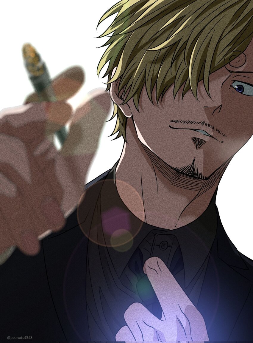 1boy adjusting_clothes adjusting_necktie black_jacket black_necktie blonde_hair blue_eyes blurry blurry_foreground cigarette collared_shirt commentary_request curly_eyebrows facial_hair goatee highres holding holding_cigarette jacket looking_at_viewer male_focus mustache_stubble necktie one_piece parted_lips pinattsu sanji_(one_piece) shirt short_hair simple_background solo stubble white_background