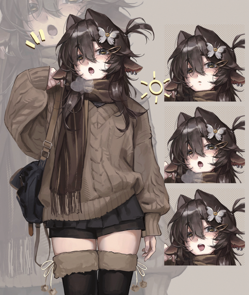 1girl :o animal_ear_piercing animal_ears arm_up bag black_eyes black_hair black_skirt black_thighhighs brown_background brown_scarf brown_sweater butterfly_hair_ornament closed_mouth commentary_request goat_ears goat_girl gyaru hair_between_eyes hair_ornament hairclip highres horizontal_pupils kirihara_aki kuzakura_yako_(kirihara_aki) light_blush long_hair long_sleeves looking_at_viewer miniskirt mole mole_under_eye multiple_expressions multiple_views open_mouth original scarf shoulder_bag sidelocks simple_background skirt solo standing sweater tachi-e teeth thighhighs thighs translation_request upper_teeth_only zettai_ryouiki zoom_layer