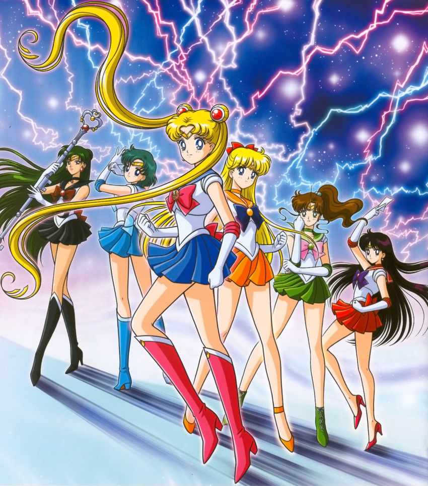1990s_(style) 6+girls aino_minako ankle_boots back_bow bare_legs bishoujo_senshi_sailor_moon bishoujo_senshi_sailor_moon_r black_choker black_footwear black_hair black_sailor_collar black_skirt blonde_hair blue_background blue_bow blue_choker blue_eyes blue_footwear blue_hair blue_sailor_collar blue_skirt boots bow brooch brown_bow brown_hair choker circlet clenched_hands collarbone derivative_work double_bun earrings elbow_gloves full_body garnet_rod gloves green_choker green_eyes green_footwear green_hair green_sailor_collar green_skirt hair_bobbles hair_bow hair_bun hair_ornament hairpin high_heels high_ponytail highres hino_rei holding holding_staff jewelry kino_makoto knee_boots legs_apart legs_together light_particles lightning long_hair magical_girl marco_albiero meiou_setsuna mizuno_ami multiple_girls orange_choker orange_sailor_collar orange_shoes orange_skirt parted_lips pink_bow pleated_skirt ponytail purple_bow purple_eyes red_bow red_choker red_eyes red_footwear red_sailor_collar red_skirt retro_artstyle sailor_collar sailor_jupiter sailor_mars sailor_mercury sailor_moon sailor_pluto sailor_senshi sailor_senshi_uniform sailor_venus serious shoes short_hair single_hair_bun skirt staff standing standing_on_one_leg star_(symbol) star_earrings tsukino_usagi twintails white_gloves