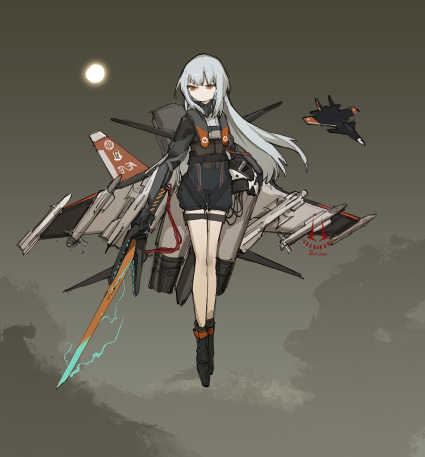 ace_combat cloud cloudy_sky energy_sword erusean_flag frider highres mecha_musume original personification short_shorts shorts sky sol_squadron su-30 sword tachi-e tagme vehicle_and_personification weapon white_hair yellow_eyes