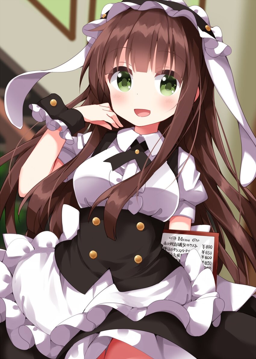 1girl :d apron black_hairband black_skirt black_wrist_cuffs blunt_bangs blurry blurry_background blush brown_hair center_frills collared_shirt commentary_request cowboy_shot fleur_de_lapin_uniform frilled_apron frilled_hairband frilled_skirt frilled_wrist_cuffs frills gochuumon_wa_usagi_desu_ka? green_eyes hairband hand_up highres holding holding_menu long_hair looking_at_viewer menu open_mouth puffy_short_sleeves puffy_sleeves ruu_(tksymkw) shirt short_sleeves skirt smile solo ujimatsu_chiya waist_apron white_apron white_shirt wrist_cuffs