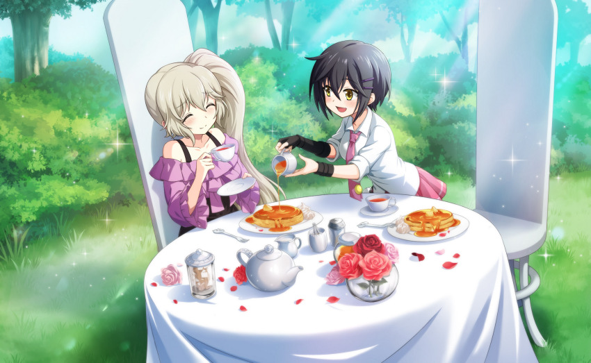 2girls ^_^ artist_request black_gloves black_hair black_skirt bracelet bush butter closed_eyes closed_mouth collared_shirt cup day dot_nose feet_out_of_frame fingerless_gloves flower food fork frilled_shirt frilled_sleeves frills game_cg garden gloves grey_hair hair_between_eyes hair_ornament hairclip happy high-waist_skirt highres holding holding_cup holding_saucer jewelry kure_kirika light_blush light_particles light_rays long_hair long_sleeves looking_at_another mahou_shoujo_madoka_magica mahou_shoujo_madoka_magica_magia_exedra mahou_shoujo_oriko_magica maple_syrup mikuni_oriko miniskirt multiple_bracelets multiple_girls necktie off-shoulder_shirt off_shoulder official_art on_chair open_mouth outdoors pancake pancake_stack petals pink_flower pink_necktie pink_rose pink_skirt plate pleated_skirt pouring purple_shirt red_flower red_rose rose rose_petals saucer shirt short_hair side_ponytail single_fingerless_glove sitting skirt sleeve_cuffs smile sparkle sunlight suspender_skirt suspenders table tea teacup three-quarter_sleeves tie_clip tree vase very_long_hair wavy_hair white_shirt yellow_eyes