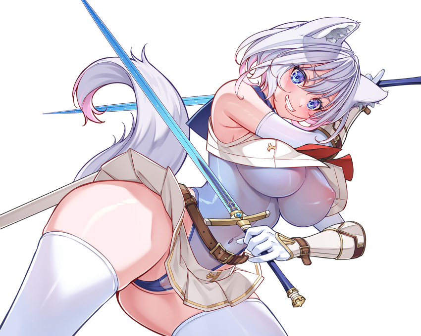 1girl animal_ear_fluff animal_ears belt breasts brown_belt covered_erect_nipples covered_navel elbow_gloves gloves grin highres holding holding_sword holding_weapon ikeda_yasuhiro large_breasts leotard nipples original pink_hair pleated_skirt see-through_clothes see-through_leotard simple_background skirt smile solo sword tail thighhighs weapon white_background white_gloves white_hair white_skirt white_thighhighs