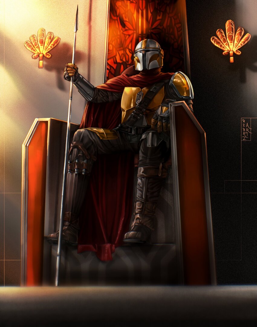 1boy armor artist_name bandolier belt boots brown_boots cape din_djarin gold_armor highres holding holding_polearm holding_weapon indoors knee_boots male_focus mandalorian mandalorian_armor mandalorian_helmet polearm red_cape silver_armor sitting sitting_on_throne solo spear star_wars the_mandalorian throne two-tone_armor uzuri_art weapon