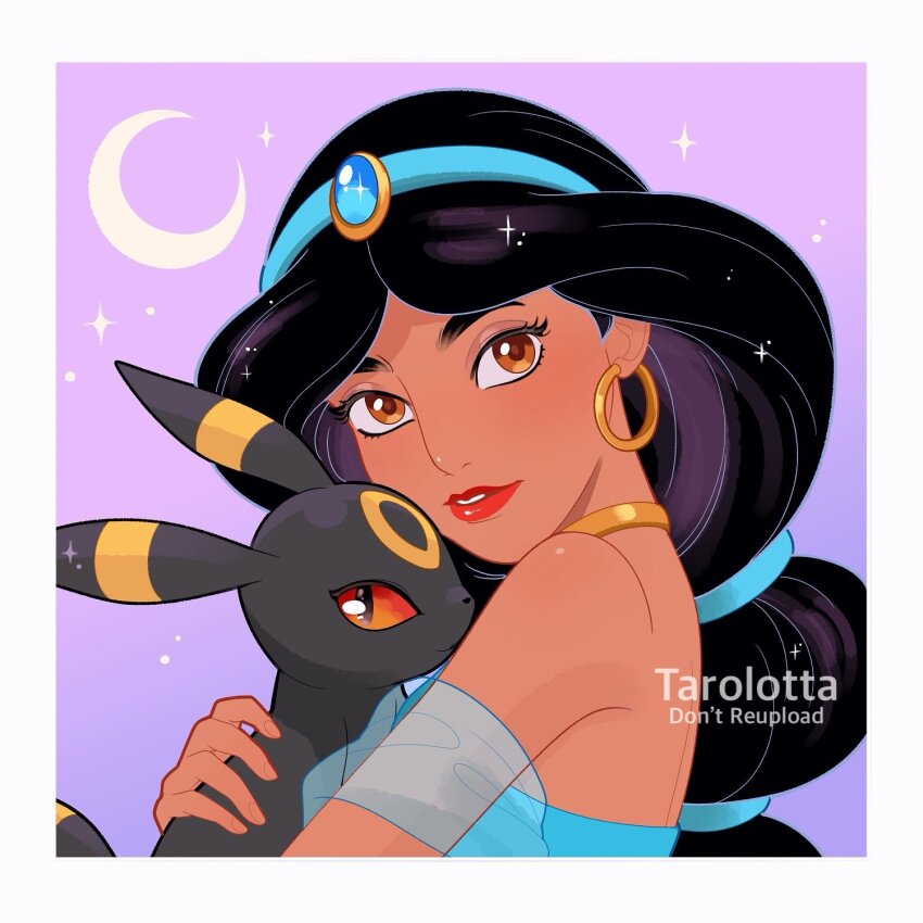 1girl aladdin_(movie) artist_name black_hair blue_hairband brown_eyes commentary creatures_(company) crescent_moon crossover dark-skinned_female dark_skin earrings game_freak gen_2_pokemon hairband highres holding holding_pokemon hoop_earrings jasmine_(disney) jewelry long_hair looking_at_viewer moon neck_ribbon nintendo off_shoulder parted_lips pokemon pokemon_(creature) purple_background red_lips ribbon sparkle symbol-only_commentary tarolotta umbreon watermark