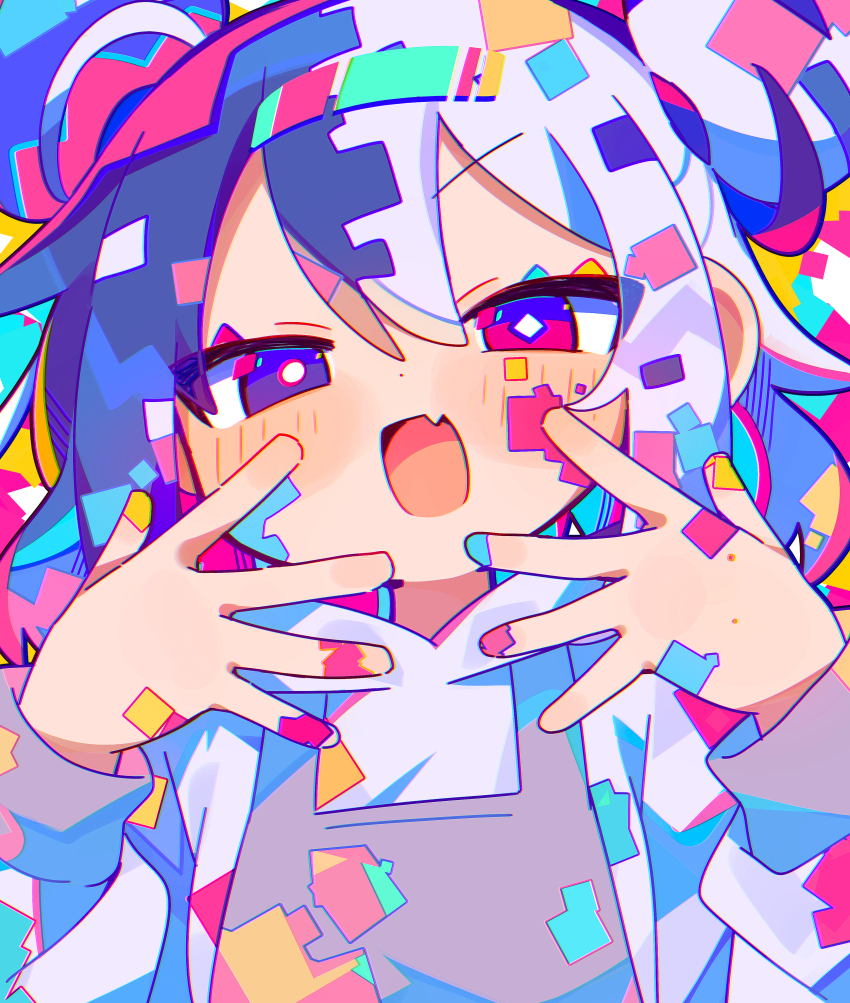 1girl absurdres blue_hair bright_pupils commentary_request diamond-shaped_pupils diamond_(shape) double_bun ekami_gumi_(uenomigi) fang grey_vest hair_between_eyes hair_bun hands_on_own_cheeks hands_on_own_face highres hood hood_down hoodie medium_hair mismatched_pupils multicolored_hair open_mouth original pink_hair purple_eyes skin_fang smile solo split-color_hair symbol-shaped_pupils tsurime uenomigi upper_body vest white_hair white_hoodie white_pupils