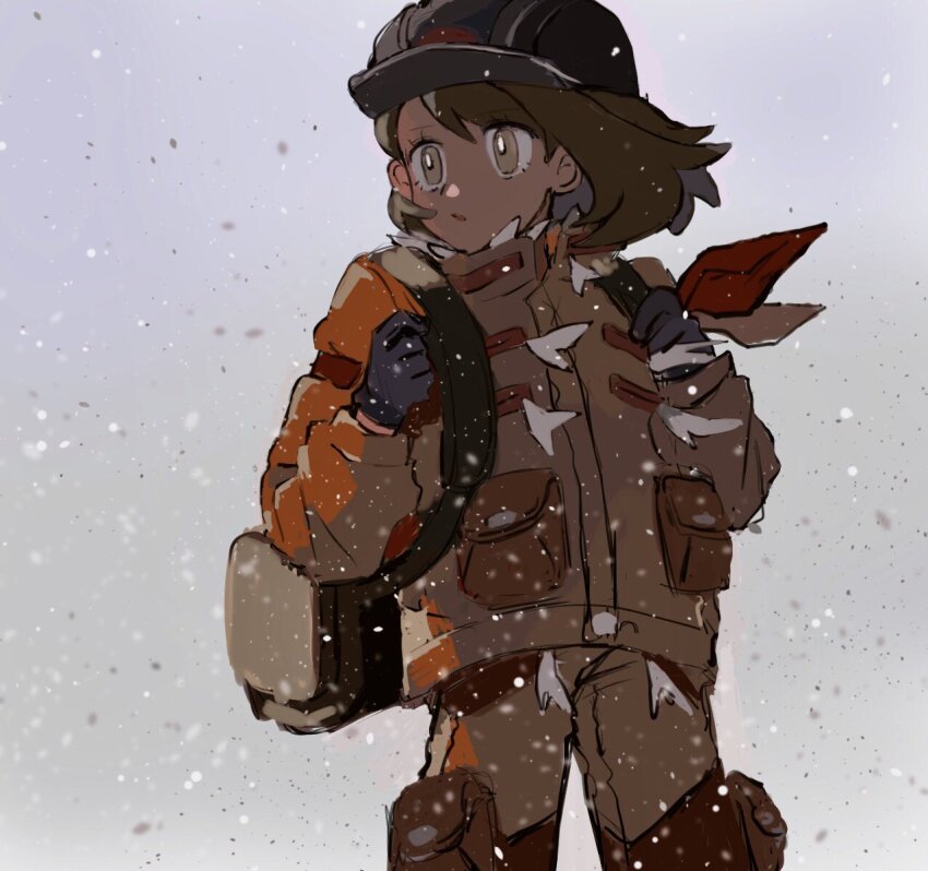 1girl black_gloves black_hat bright_pupils brown_bag brown_eyes brown_hair brown_jacket brown_pants cowboy_shot expedition_uniform gloria_(pokemon) gloves hat highres jacket long_sleeves nintendo open_mouth pants pokemon pokemon_swsh pouch shichibee_(stm_mimi) short_hair snow snowing solo white_pupils