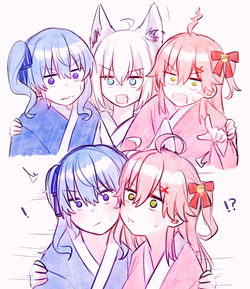 ! !? 3girls ahoge alternate_costume animal_ears aqua_eyes blue_eyes blue_hair blush cheek-to-cheek commentary_request fang fox_ears fox_girl fubumicomet_(hololive) green_eyes hair_ornament heads_together highres hololive hoshimachi_suisei japanese_clothes kimono long_hair multiple_girls pink_hair pointing pointing_at_another sakura_miko shirakami_fubuki star_(symbol) star_in_eye sweatdrop symbol_in_eye virtual_youtuber white_hair x_hair_ornament yukata yumi5469 yuri