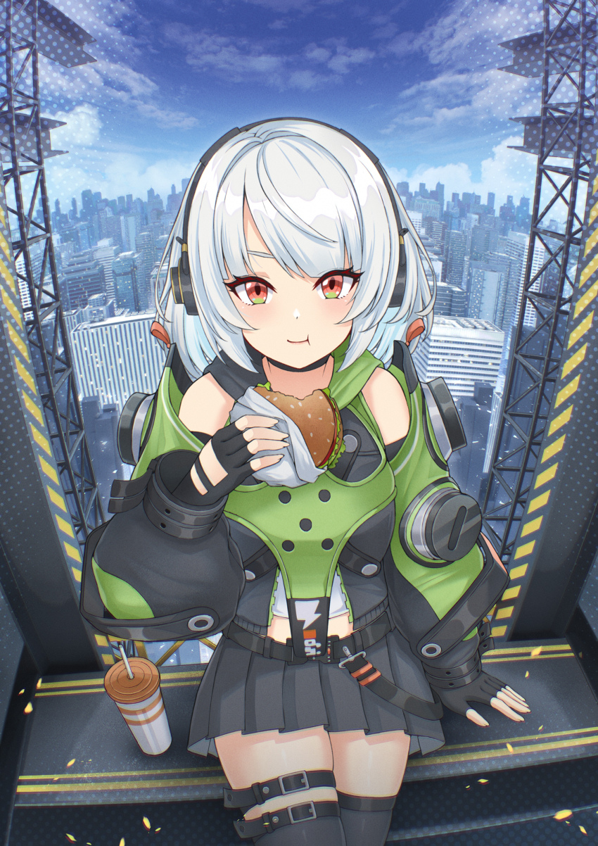 1girl :t agiri_(agiri_box) anby_demara belt belted_skirt black_skirt black_thighhighs blue_hair blue_sky burger city closed_mouth cowboy_shot cup day disposable_cup drinking_straw eating eyebrows_hidden_by_hair fingerless_gloves fingernails fisheye food gloves green_sleeves grey_hair headphones highres holding holding_burger holding_food jacket light_blue_hair long_sleeves looking_at_viewer miniskirt multicolored_hair multicolored_sleeves outdoors parted_bangs pleated_skirt puffy_long_sleeves puffy_sleeves red_eyes sitting skirt sky smile solo straight-on thigh_belt thigh_strap thighhighs two-tone_hair undershirt white_undershirt zenless_zone_zero zettai_ryouiki