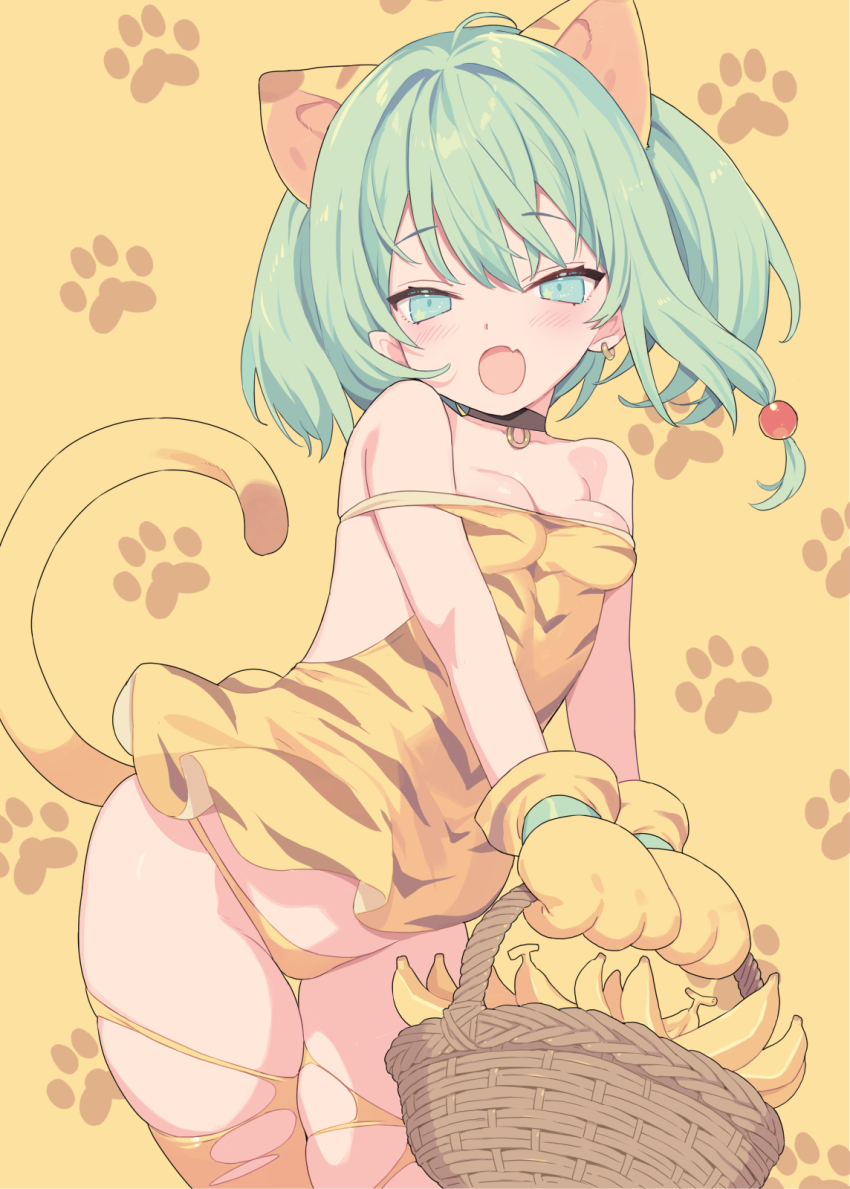 1girl animal_ears banana basket black_choker blade_(galaxist) breasts cat_ears cat_girl cat_tail cham_cham choker cowboy_shot dress earrings extra_ears fang food fruit green_eyes green_hair highres holding holding_basket jewelry looking_at_viewer medium_breasts open_mouth paid_reward_available panties paw_print paw_print_background samurai_spirits simple_background skin_fang solo tail thighhighs torn_clothes torn_thighhighs underwear yellow_background yellow_dress yellow_panties yellow_thighhighs