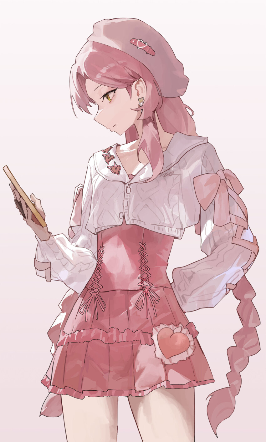1girl absurdres beret braid cellphone character_request copyright_request gradient_background hat highres holding holding_phone long_hair long_sleeves mac_star phone pink_background pink_hair pink_skirt skirt solo sweater thighs twin_braids white_hat white_sweater