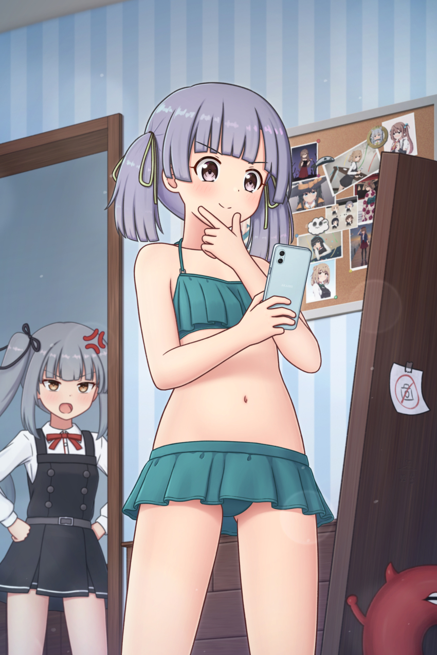 2girls abyssal_ship anger_vein bikini bikini_skirt black_ribbon brown_eyes cellphone cosplay dress enemy_lifebuoy_(kancolle) frilled_bikini frills green_bikini grey_hair hair_ribbon highres holding holding_phone indoors kantai_collection kasumi_(kancolle) kasumi_(kancolle)_(cosplay) kasumi_kai_ni_(kancolle) kasumi_kai_ni_(swimsuit)_(kancolle) konato_k long_hair long_sleeves multiple_girls navel neck_ribbon ooshio_(kancolle) phone pinafore_dress purple_eyes purple_hair red_ribbon ribbon school_uniform shirt short_hair short_twintails side_ponytail sleeveless sleeveless_dress smartphone smile standing swimsuit twintails white_shirt