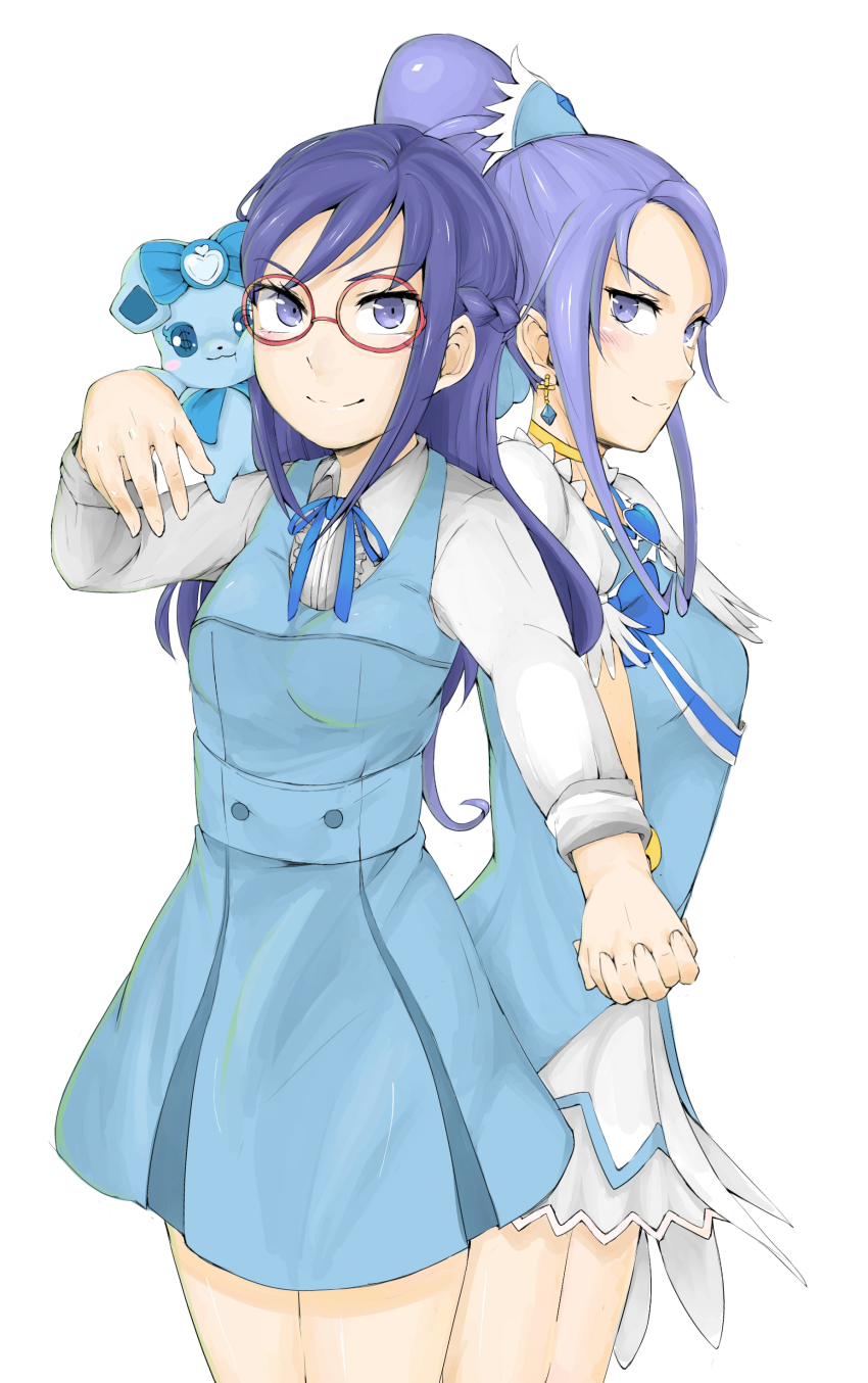 2girls absurdres blue_dress blue_eyes blue_hair breasts brooch choker collared_shirt cowboy_shot crystal_earrings cure_diamond dokidoki!_precure dress dual_persona earrings floating_earring forehead glasses hair_ornament half_updo heart heart_brooch highres hishikawa_rikka jewelry koiwai_no_ekitai long_hair long_sleeves looking_at_viewer magical_girl multiple_girls pinafore_dress ponytail precure puffy_sleeves rakeru_(dokidoki!_precure) red-framed_eyewear shirt simple_background sleeveless sleeveless_dress small_breasts smile tiara white_background white_shirt yellow_choker