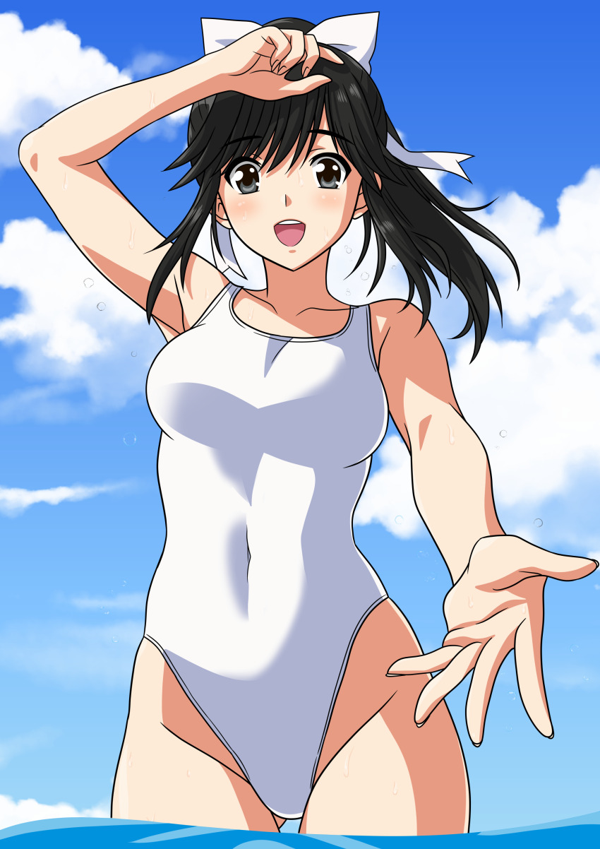 absurdres black_eyes black_hair blue_sky cloud competition_swimsuit day gluteal_fold hair_ribbon hand_on_own_head highleg highleg_one-piece_swimsuit highres long_hair love_plus one-piece_swimsuit outdoors ponytail ribbon sky smile swimsuit takane_manaka wading water white_one-piece_swimsuit yuuyuu_(3jjbn)