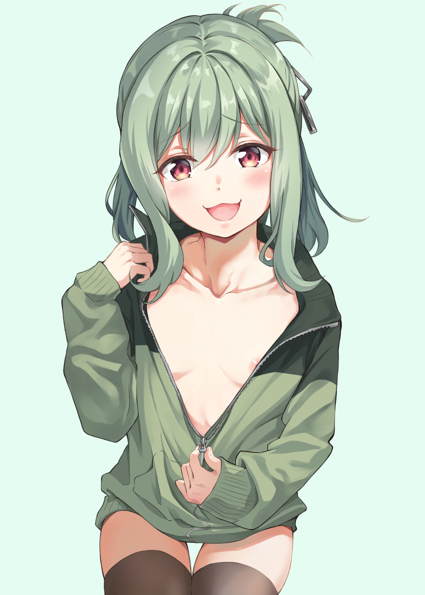 1boy :3 absurdres androgynous black_thighhighs blush clothes_pull collarbone green_background green_jacket grey_hair highres jacket jacket_pull long_hair looking_at_viewer male_focus nipple_slip nipples open_clothes open_jacket open_mouth otori_tan partially_unzipped pulling_own_clothes red_eyes sayuuiede seitokai_ni_mo_ana_wa_aru! simple_background solo thighhighs trap unzipping zettai_ryouiki